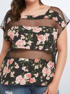 TORRID 0 Plus Size Floral Mesh Panel Top Black Pink Red Striped Whimsigoth 2010s